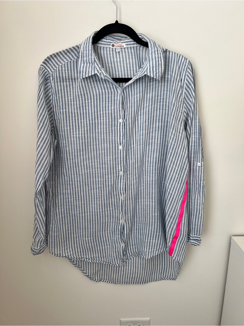 Sundry for Evereve Blue & White Striped Button-Up Shirt with Pink Accent size 3
